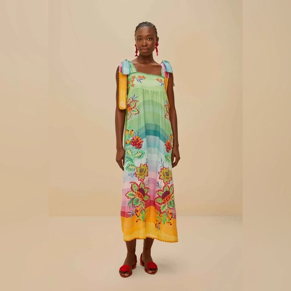 aura floral maxi dress FARM Rio Linen Aura Floral Multicolor Embroidered Tunic Maxi Dress
